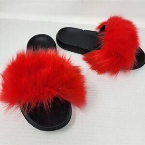 Fluffy Red Slippers Faux Fur Black Sole Shoes Women's Size 36-37 EU/ 6-7 US